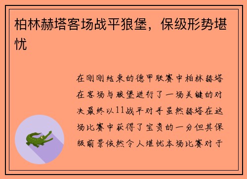 柏林赫塔客场战平狼堡，保级形势堪忧